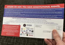THIS MAILER was sent to 62,650 households in Providence by the City Council as part of a "Know Your Rights" campaign to counter U.S. Immigration and Customs Enforcement actions. The other side of the card is the Spanish translation. / PBN FILE PHOTO/WILLIAM HAMILTON