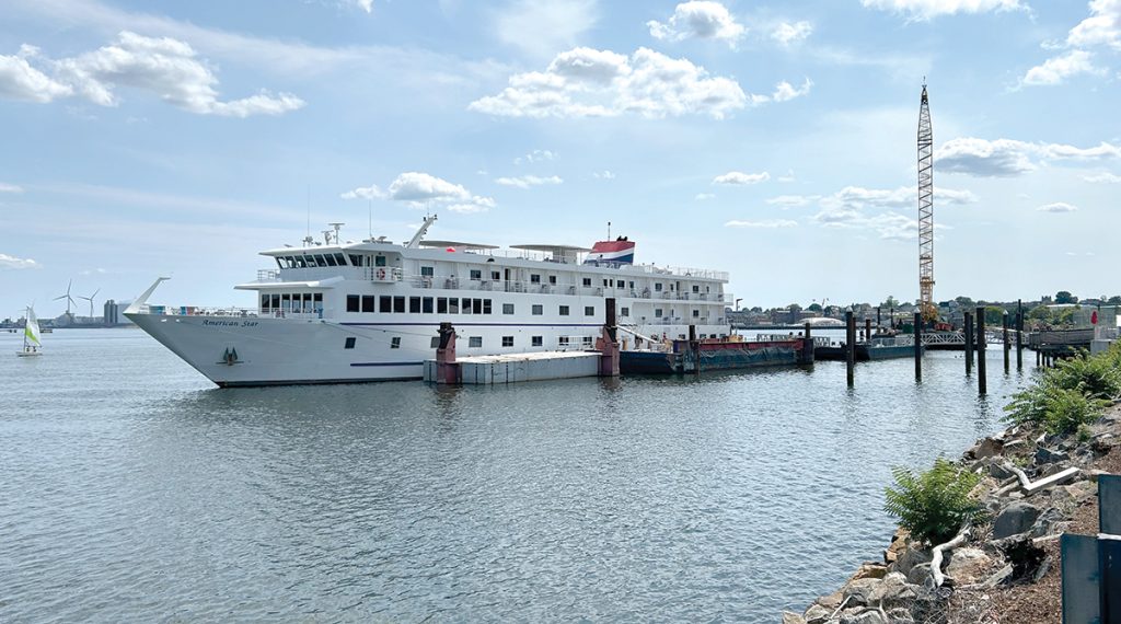 POINT OF DEPARTURE: American Cruise Lines has been using India Point Park in Providence as the start and end to its multiday cruises to southern New England islands this summer. There are nearly 35 cruises scheduled and passengers can spend a night in Providence before departing. The state is moving to develop permanent docking in Providence.  PBN PHOTO/WILLIAM HAMILTON