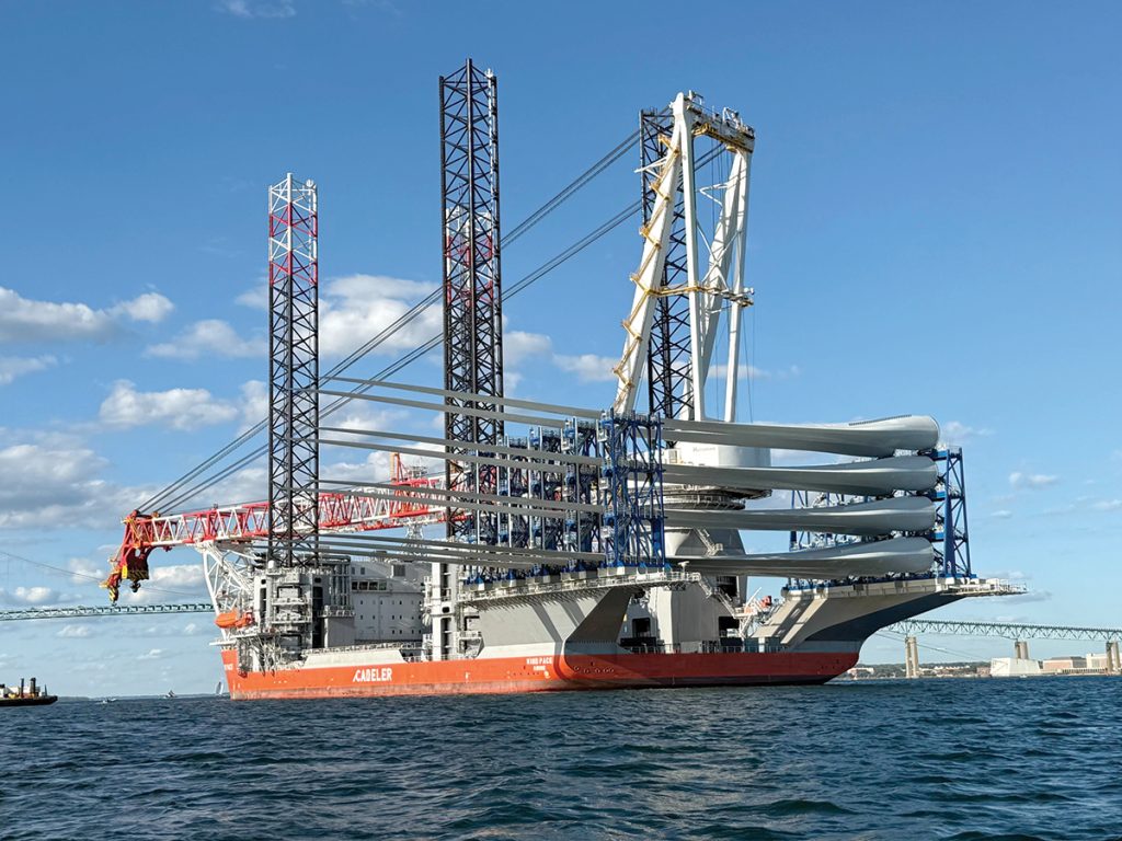 DEAD STOP: The massive wind-turbine installation vessel Wind Pace sits in the East Passage of Narragansett Bay, south of the Pell Bridge, on Aug. 26, days after the federal government issued a stop-work order on Revolution Wind.  COURTESY OFFICE OF  SEN. SHELDON WHITEHOUSE