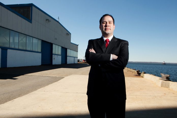 The Mayor of Fall River at the proposes site of the ferry terminal.