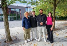 THE MATCHMAKERS:  RestauRent Inc. founder and CEO Nicholas Cianfaglione, second from left, is surrounded by, from left, co-founder Ann-Marie Harrington, co-founder and Chief Operating Officer Will Tondo and co-founder and Head of Product Kacie Galligan outside 225 Dyer St. in Providence, where the startup is located. The company says it simplifies the process of booking private event spaces in restaurants, bars, breweries and similar venues. PBN PHOTO/MICHAEL SALERNO
