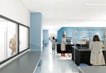 ROOM TO ROAM: The 30,000-square-foot Ocean State Labs, on the fourth floor of 150 Richmond St., in Providence will feature lots of exterior and interior windows between labs and offices to give a sense of openness and inspire collaboration, the designers say.  COURTESY OCEAN STATE LABS