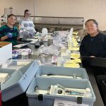 TESTING: Students Ashlee Lewandoski, left, Bridget Finnerty and Jacqui Pijnenburg in professor of engineering Janet Baldwin’s class at Roger Williams University test water samples from a coastal area in Warren to determine the extent of saltwater intrusion. COURTESY JANET BALDWIN