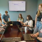 ‘The opportunity’s there, I’m just going to take it’: Insurers eager to woo younger workers YOUTH MOVEMENT: A group of interns works together during a meeting at Falvey Insurance Group in North Kingstown. In addition to internships, the agency has launched an underwriter training program and is looking to start apprenticeships.
PBN PHOTO/ELIZABETH GRAHAM