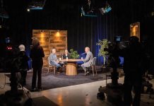 MELDING MEDIA: Jim Hummel, right, hosts a taping of the public affairs TV show “A Lively Experiment” with guest journalists Ted Nesi, left, and Nancy Lavin. The studio is part of Ocean State Media, the entity formed from the merger of Rhode Island PBS and The Public’s Radio merged in 2024.  PBN PHOTO/TRACY JENKINS