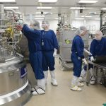 Amgen Rhode Island a hub of innovation CONTINUOUS IMPROVEMENT: Amgen Rhode Island employees such as, from left, Kagan Littlefield and Gregory Van Dijk, both level 1 senior manufacturing associates; Hanna Rouillard, level 1 manufacturing associate; and Paul Trusler, level 2 senior manufacturing associate, are always looking for ways to operate more efficiently. They are pictured at the company’s West Greenwich campus.
PBN PHOTO/ELIZABETH GRAHAM