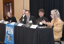 Panel: Health care sector coping by ‘doing balancing acts’ IN TROUBLE: Linda Hurley, right, CEO of CODAC Behavioral Healthcare, talks about the difficulties experienced by Rhode Island health care providers at Providence Business News’ Fall Health Care Summit on Oct. 30. With her on the panel are, from left, Martha Wofford, CEO and president of Blue Cross & Blue Shield of Rhode Island; Dr. Philip Rizzuto, owner of Rizzuto Eyelid and Facial Plastic Surgery; Adam Martignetti, a vice president at Harvard Pilgrim Health Care of New England Inc.; and R.I. Health Insurance Commissioner Cory King.
PBN PHOTO/MIKE SKORSKI