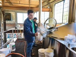 TESTING: Brewer Matt Von ­Holten, foreground, and cellarman Eric Gonzalez, who oversees the day-to-day post-brewing processes, test the wort – the liquid ­extracted from the mashing process when brewing beer – at The Guild Brewery in Pawtucket. PBN PHOTO/MICHAEL SALERNO
