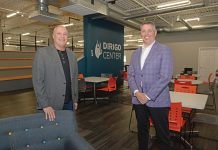 NEW DIGS: Tim Hebert, right, founder, owner and CEO of Dirigo Leadership Consulting LLC, and facilitator Garry Foisy at the firm’s Leadership Activation Center in Warwick, which opened in October after the company relocated from North Kingstown. PBN PHOTO/ELIZABETH GRAHAM