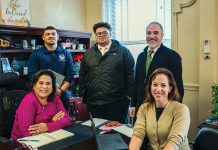 SHINING A LIGHT: The Pawtucket Commerce Department’s “52 in 52” marketing campaign, in which it used social media to highlight a small business each week for a year, brought awareness to many businesses that had little to no social media presence. Department members pictured, standing from left, are interns Isiah Gois and Justin DeCosta, along with Commerce Director Jason Pezzullo; and, sitting from left, are Deputy Director of Commerce Sandra Mazo and Cultural Affairs Coordinator Jennifer Kilsey. COURTESY CITY OF PAWTUCKET