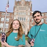 NEW ­TRAINING: Chloe Johnson, of Portland, Ore., and Jack Pawlowski, of Taunton, are head residential assistants at Providence College. Over the summer, RAs at universities across Rhode Island received training on how to administer the opioid overdose reversal medication naloxone. Johnson and Pawlowski are holding naloxone nasal spray kits. PBN PHOTO/­MICHAEL SALERN­O