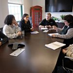 PERSONNEL MEETING: City Personnel employees meet at the staffing organization’s office in Providence. Pictured, from left, are Daniel Apajee, sourcing specialist; Adora Andrade, recruiting coordinator; Dawn Apajee, founder and president; Zach Gagnon, marketing manager; and recruiting specialists Britt Phillips and Soledad Lacayo. PBN PHOTO/MICHAEL SALERNO