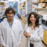 REVEALING INVENTION: University of Rhode Island associate professor Claudia Fallini, right, and postdoctoral fellow Riccardo Sirtori display a small, low-cost device they helped develop at URI’s South Kingstown campus to study the long-term degenerative effects of traumatic brain injury.  PBN PHOTO/­MICHAEL SALERNO