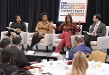 MAKING A POINT: Shameem Awan, second from right, senior assistant vice president of Amica Mutual Insurance Co., speaks during a panel discussion at Providence Business News’ 2025 Diversity, Equity and Inclusion Summit and Awards Program on Dec. 4. Also on the panel, from left, are Monika P. Zuluaga, CEO and president of the Northern Rhode Island Chamber of Commerce; Tracey G. Wiley, executive director of diversity, equity and inclusion at Bally’s Corp.; and moderator Kevin Matta, senior director of people and culture at United Way of Rhode Island Inc. PBN PHOTO/MIKE SKORSKI   