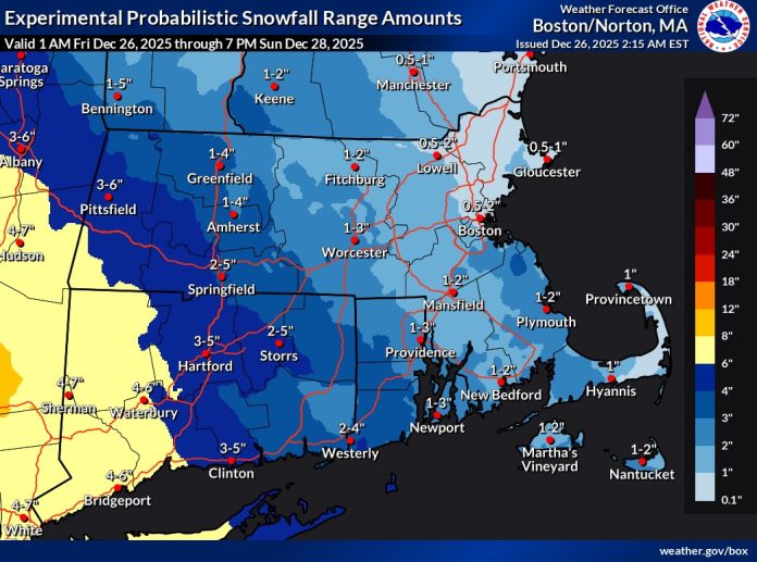 PARTS OF the Rhode Island and nearby Massachusetts could see a more than 4 inches of snow Saturday, with accumulation expected to begin Friday night. / COURTESY NATIONAL WEATHER SERVICE