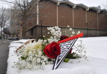 A BOUQUET OF FLOWERES rests on the snow on the Brown University campus on Sunday, not far from where the shooting took place the day before in Providence. PBN PHOTO/STEVEN SENNE