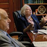 FUTURE PLANS: Senate President Valerie J. Lawson, right, talks in her Statehouse office about her vision for the 2026 General Assembly session, starting Jan. 6. With her is Senate Majority Leader Frank A. Ciccone III.  PBN PHOTO/MICHAEL SALERNO