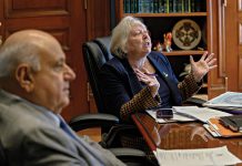 FUTURE PLANS: Senate President Valerie J. Lawson, right, talks in her Statehouse office about her vision for the 2026 General Assembly session, starting Jan. 6. With her is Senate Majority Leader Frank A. Ciccone III.  PBN PHOTO/MICHAEL SALERNO