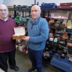 CUSTOM DESIGN: Jon Backner, left, vice president and chief financial officer at jewelry box and packaging manufacturer Fuller Box Co. in Central Falls, and Tom Mercer, vice president of sales, show off one of the company’s products.   PBN PHOTO/MICHAEL SALERNO