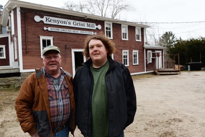 OldestKenyons_EG8 KENYON'S GRIST MILL owner Ben Drumm, right, with his father, Paul Drumm III, who is a former owner of the South Kingstown mill. PBN PHOTO/ELIZABETH GRAHAM
