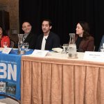 TECH TALK: Panelists listen as Peter Ricci III, center, CEO and president of Trace Sensing Technologies Inc., speaks during a panel discussion about biotechnology and life sciences at Providence Business News’ 2026 Emerging Industries Summit on March 11. Joining him on the panel are, from left, Nishita Roy-Pope, founder and CEO of Courage Builder; Glenn Robertelli, CEO of R.I. Bio; Lilia Holt, interim president of the R.I. Life Science Hub; and Mike Cavacas, senior manager at Amgen Rhode Island.  PBN PHOTO/MIKE SKORSKI