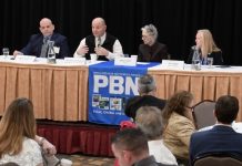 DR. CHRISTOPHER OTTIANO, second from left, interim chief medical officer and medical director at Neighborhood Health Plan of Rhode Island, speaks during one of two panel discussions during Providence Business News' Health Care Summit at Marriott Providence on Thursday. Also on the panel are, from left, Joseph Trunzo, associate director of Bryant University's School of Health and Behavioral Sciences; Linda Hurley, CODAC Inc. CEO and president; and Meghan Grady, Meals on Wheels of RI Inc. executive director. / PBN PHOTO/MIKE SKORSKI