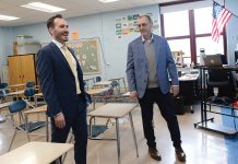 CREDIT ­WORTHY: Conor ­McCloskey, left, Narragansett High School principal, and Narragansett schools Superintendent Peter Cummings, are pleased that the town topped the list of Rhode Island school districts that saw the biggest increase in students taking Advanced Placement exams over the last decade.  PBN PHOTO/­ELIZABETH GRAHAM