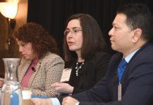 FASTER ACTION: Dr. Ana Tuya Fulton, center, chief population health officer at Care New England Health System, says she’s thankful state leaders are working on longer-term solutions for its health care problems, but there needs to be some quick wins, too. Fulton is a panelist at Providence Business News’ Health Care Summit on April 2, along with state Sen. Pamela Lauria, a nurse practitioner, left, and Dr. Raj Hazarika, vice president and chief medical officer of commercial products at Harvard Pilgrim Health Care of New England Inc.  PBN PHOTO/MIKE SKORSKI