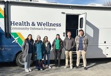 Salve Regina University STANDING BY: Salve Regina University students and faculty provide on-site education, materials and resources tailored to specific issues, including women’s health, dental health, mental health, blood pressure checks and domestic violence. Mobilizations take place out of a fully equipped, 40-foot educational mobile unit.
COURTESY SALVE REGINA UNIVERSITY