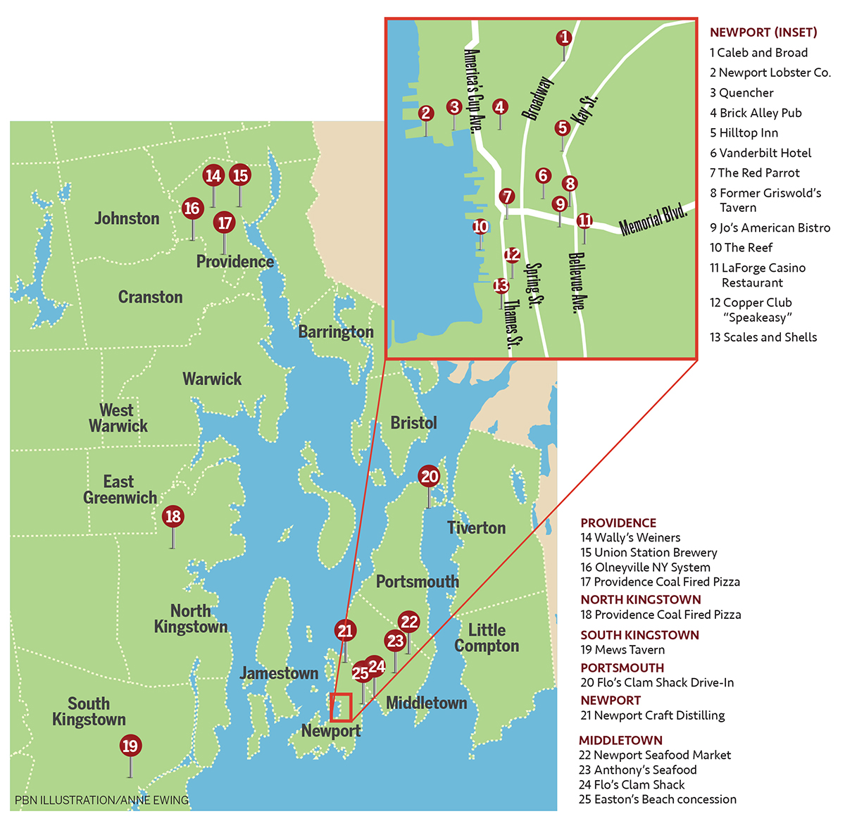 AN IMPRESSIVE SPREAD
The hospitality portfolio of the Heritage Group includes many iconic establishments around Rhode Island, with most concentrated on Aquidneck Island.