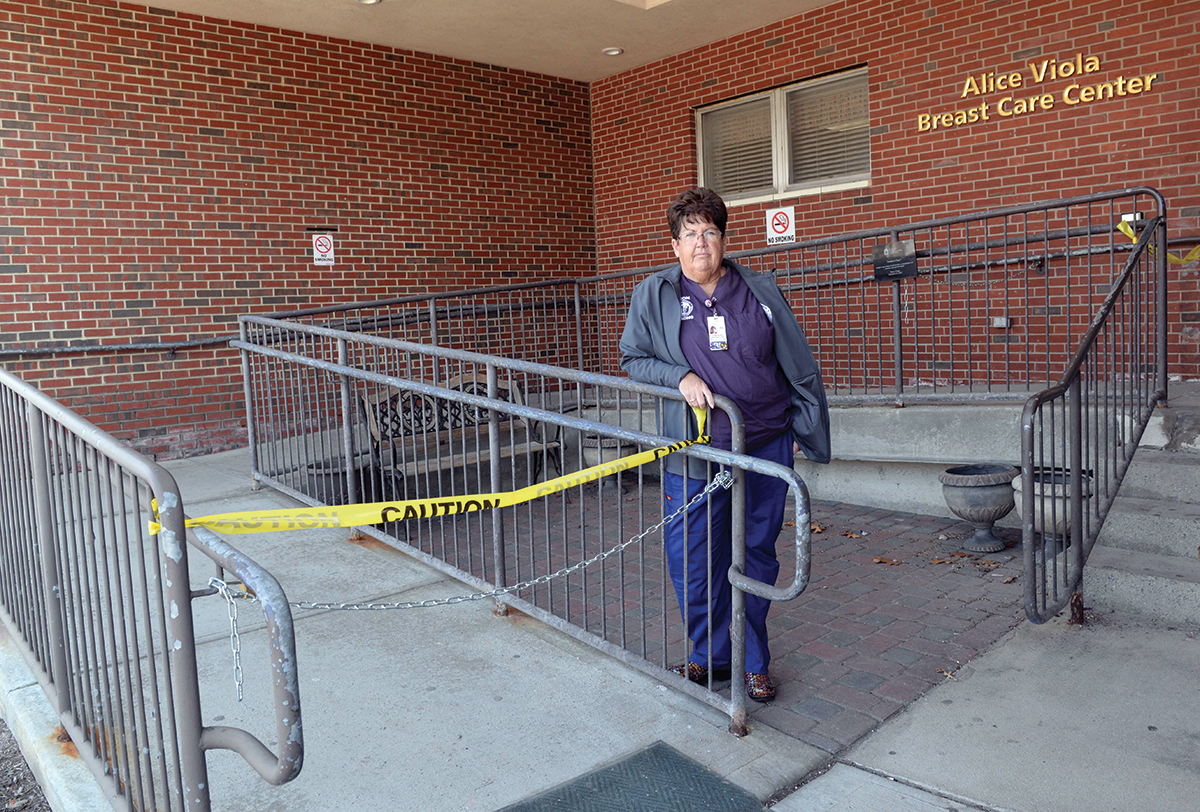 FIRST STEPS? Our Lady of Fatima Hospital registered nurse Lynn Blais, president of the United Nurses & Allied Professionals, says Centurion should quickly fix infrastructure problems at the hospitals, such as this ramp outside of Fatima in North Providence.
PBN PHOTO/ELIZABETH GRAHAM