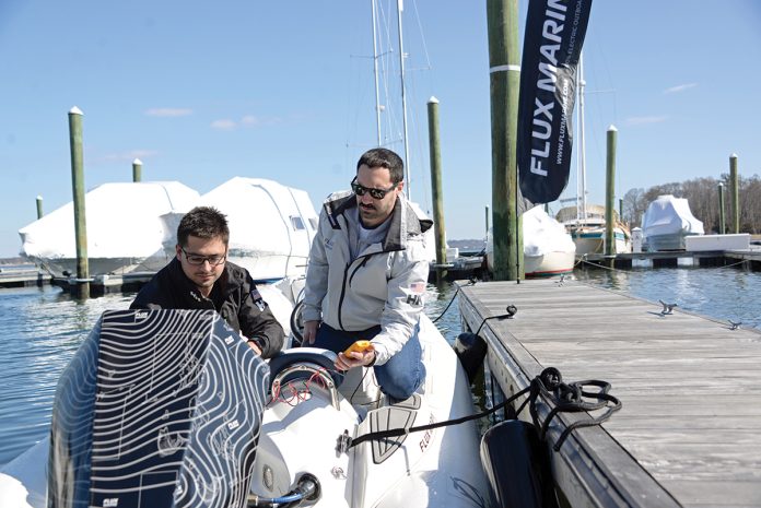 TAKING OFF: Flux Marine Ltd. CEO Ben Sorkin, left, pictured with engineer Milo Ferrazzoli in 2022, has raised more than $30 million from investors.  PBN FILE PHOTO/­ELIZABETH GRAHAM