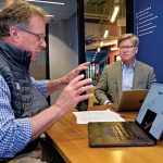A HIGH-STAKES VENTURE: Slater startup fund has placed bets on 140 firms over 25 years, with R.I. the big winner MEETING OF MINDS: Bob Chatman, left, Slater Technology Fund director, discusses the fund’s portfolio with Thorne Sparkman, Slater’s managing director, at the CIC Providence LLC building, the location of several companies that Slater has invested in.
PBN PHOTO/MICHAEL SALERNO