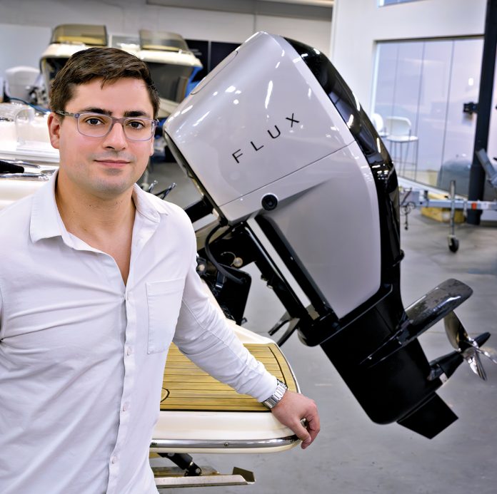 Ben Sorkin co-founded Bristol-based Flux Marine Ltd. in 2018. The company designs and manufactures high-performance, electric outboard motors and powertrain systems for boats. / PBN PHOTO/MICHAEL SALERNO