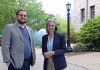 LOOKING AHEAD: Josh Daly, left, co-founder of Local Return, says the retirement of manufacturers without a succession plan is a “huge economic development issue.” With him is Nancy Forster-Holt, clinical associate professor at the University of Rhode Island’s College of ­Business.  PBN PHOTO/­ELIZABETH GRAHAM