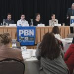 WORKING TOGETHER: The first panel featured, from left, Ted Williams, president of Senesco Marine LLC; Flux Marine Ltd. CEO Ben Sorkin; Jason Noel, operations executive at Juice Robotics LLC; Linda Larsen, maritime and industry engagement manager for Polaris Tech Bridge; and Daniela Fairchild, chief strategy officer for R.I. Commerce Corp. PBN Editor Michael Mello, right, moderates. PBN FILE PHOTO/MIKE SKORSKI