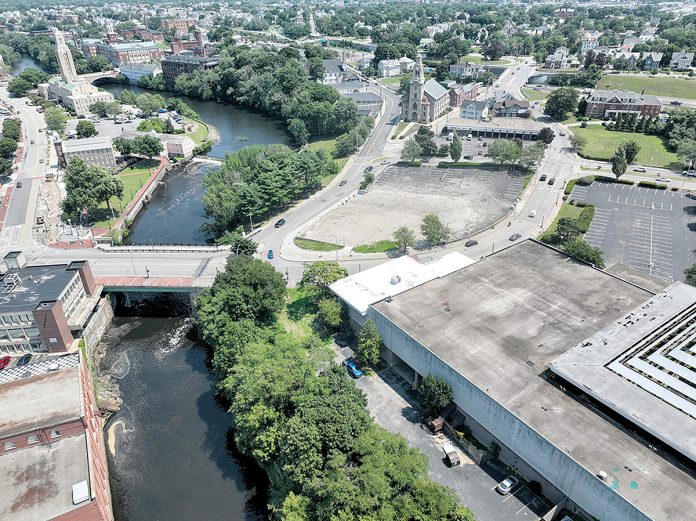 HOLDING POTENTIAL: Pawtucket has narrowed down the proposals for the so-called “Downtown Gateway Project,” the 20 acres of property in the downtown area, including the former Apex department store property at the far right.  COURTESY CITY OF PAWTUCKET