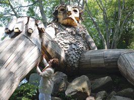 The tourism sector sees new faces, but new challenges, too TROLL SIGHTING:
Louise Bishop, South County Tourism Council CEO and president, visits one of the two trolls living in the woods of Ninigret Park in Charlestown. Bishop says the trolls, made of recycled materials, have drawn 100,000 visitors this year alone. Three more trolls have been installed recently in Rhode Island.
PBN FILE PHOTO/ELIZABETH GRAHAM
