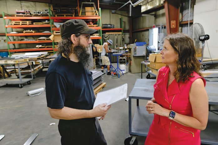SHINING BRIGHT:
Rich Reynolds, left, fabrication supervisor, speaks with Jessica Mularski, majority owner, at Renova Lighting Systems Inc. in Warwick.
PBN PHOTO/MICHAEL SALERNO SHINING BRIGHT:
Rich Reynolds, left, fabrication supervisor, speaks with Jessica Mularski, majority owner, at Renova Lighting Systems Inc. in Warwick.
PBN PHOTO/MICHAEL SALERNO