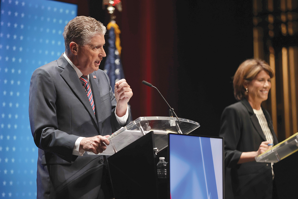 CAMPAIGN PERFORMANCE: Gov. Daniel J. McKee, left, and Helena Bounanno Foulkes face off at a WPRI-TV CBS 12 debate at Rhode Island College on Aug. 18.
COURTESY WPRI-TV CBS 12/COREY WELCH CAMPAIGN PERFORMANCE: Gov. Daniel J. McKee, left, and Helena Bounanno Foulkes face off at a WPRI-TV CBS 12 debate at Rhode Island College on Aug. 18.
COURTESY WPRI-TV CBS 12/COREY WELCH