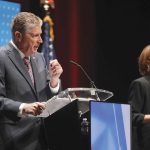 CAMPAIGN PERFORMANCE: Gov. Daniel J. McKee, left, and Helena Bounanno Foulkes face off at a WPRI-TV CBS 12 debate at Rhode Island College on Aug. 18.  COURTESY WPRI-TV CBS 12/COREY WELCH