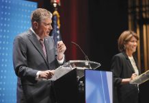 McKee says he’s laid groundwork and is ready to build on results CAMPAIGN PERFORMANCE: Gov. Daniel J. McKee, left, and Helena Bounanno Foulkes face off at a WPRI-TV CBS 12 debate at Rhode Island College on Aug. 18.
COURTESY WPRI-TV CBS 12/COREY WELCH