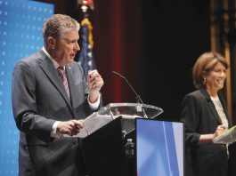 McKee says he’s laid groundwork and is ready to build on results CAMPAIGN PERFORMANCE: Gov. Daniel J. McKee, left, and Helena Bounanno Foulkes face off at a WPRI-TV CBS 12 debate at Rhode Island College on Aug. 18.
COURTESY WPRI-TV CBS 12/COREY WELCH