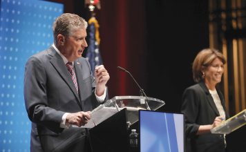 McKee says he’s laid groundwork and is ready to build on results CAMPAIGN PERFORMANCE: Gov. Daniel J. McKee, left, and Helena Bounanno Foulkes face off at a WPRI-TV CBS 12 debate at Rhode Island College on Aug. 18.
COURTESY WPRI-TV CBS 12/COREY WELCH