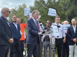 On the workforce development front, headwinds persist READY FOR BATTLE: Gov. Daniel J. McKee takes the podium as state and labor officials join forces in August 2025 to protest President Donald Trump’s effort to halt work on the Revolution Wind offshore wind farm.
PBN FILE PHOTO/MATTHEW MCNULTY