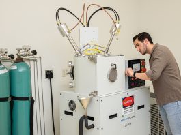 Breath test spots kidney risk: Trace Sensing Technologies Breath analysis: Trace Sensing Technologies’ flagship platform, TRACE-E, uses patented thermodynamic sensor technology to detect molecular biomarkers in exhaled breath, improving disease detection. Peter Ricci III, founder and CEO, works on the machine.
PBN PHOTO/TRACY JENKINS