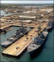 U.S. Navy warships mooredat Pearl Harbor. (U.S.Navy photo) U.S. Navy warships moored<br>at Pearl Harbor. (U.S.<br>Navy photo)