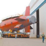 The stern section of the Virginia, a nuclear-poweredattack submarine at Quonset Point.