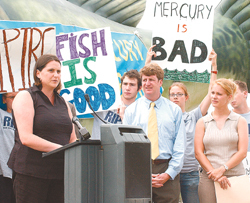 Tracy Carlson, a member of Clean Water Action, joined elected officials and environmentalists at a press conference Aug. 20 in Providence to call on the Bush administration to reduce mercury pollution by power plants. Tracy Carlson, a member of Clean Water Action, joined elected officials and environmentalists at a press conference Aug. 20 in Providence to call on the Bush administration to reduce mercury pollution by power plants.