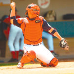 PROTECTING HOME - PawSox catcher Kelly Shoppach during a game this summer at McCoy Stadium. 